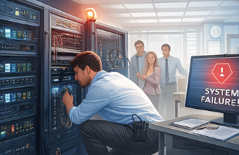 Person working on server issues while other people watch.
