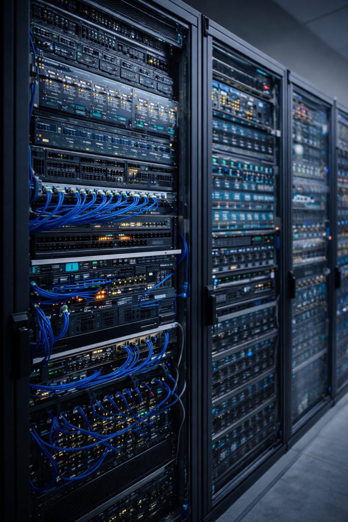 Rack of servers and switches.